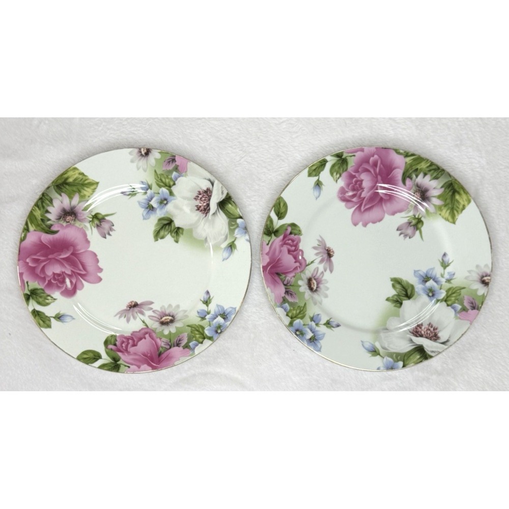 2 Emerald China Gracie Graces Pink Roses Floral White Salad Plates 7.5" GC